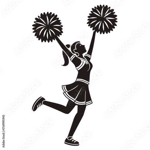 Dynamic Silhouette of a Cheerleader with Pom Poms Keywords: cheerleader, silhouette, pom pom