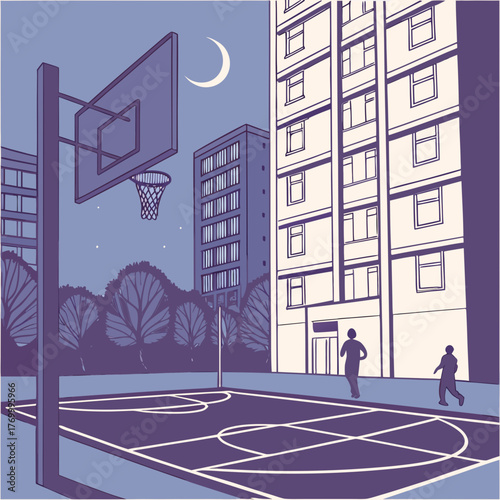 Nighttime Basketball Court with Apartment Buildings and Moon Keywords: basketball, court, night