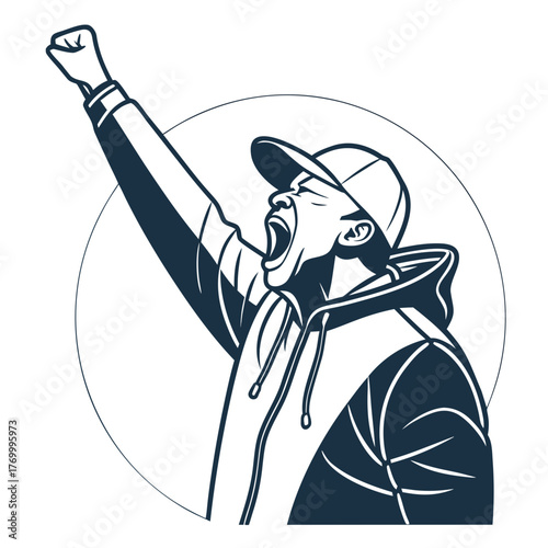 Stylized Silhouette of a Man Yelling with Fist Raised Keywords: man, silhouette, yelling