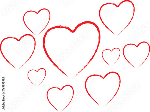 Collection of hand drawn red heart shapes on a white background