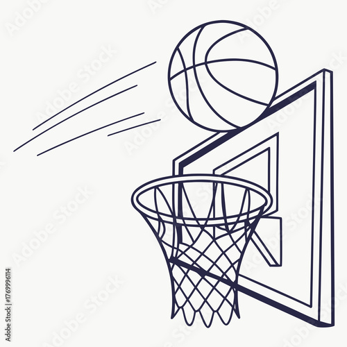 Dark blue line drawing of a basketball in mid-air heading towards a hoop backboard