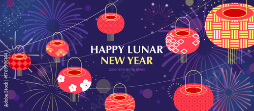 Lunar New Year 2026 Lantern Banner. Chinese New Year Celebration with Traditional Chinese Red Lanterns and Fireworks in Night Sky. Festive Asian Japanese Card Template Design.
