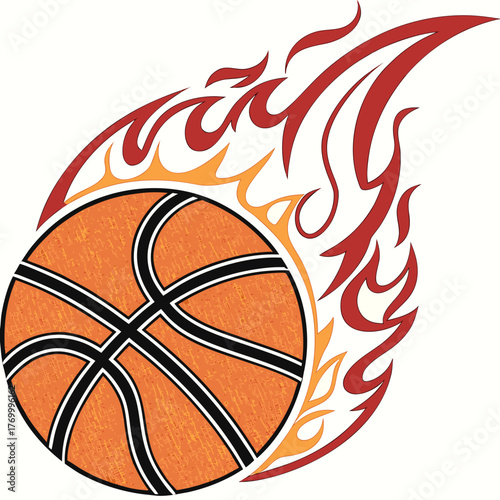 Orange basketball with red and yellow flames trailing behind it fire sport