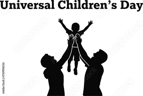 Universal childrens day illustration with parents lifting child for greeting card, banner, poster, and social media post