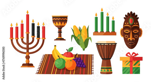 Kwanzaa Celebration Elements Kinara, Kikombe, Zawadi, Mkeka & Foods Illustration