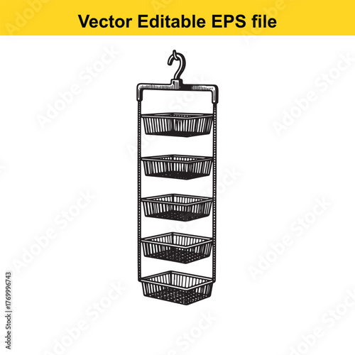 Hanging storage organizer with five baskets for fruits, vegetables, or household items