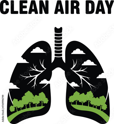 Clean air day illustration with lungs filled with trees and clouds