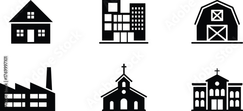 Black and white building icon set with house, apartment, barn, factory, church, and school symbols, minimalist architecture vector illustration