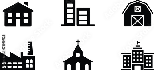 Black and white building icon set with house, apartment, barn, factory, church, and school symbols, minimalist architecture vector illustration