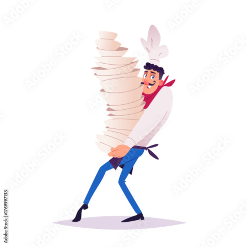  Stressed Chef Steps Carefully and Carrying Huge Stack of Plates