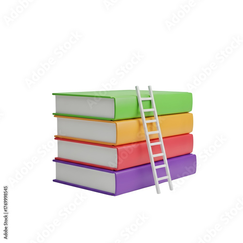 Stack of colorful books with a white ladder learning