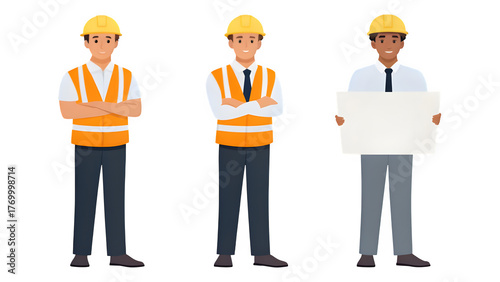 Three Construction Workers in Hard Hats and Vests on transparent Background team people