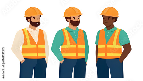Three construction workers wearing hard hats and safety vests team
