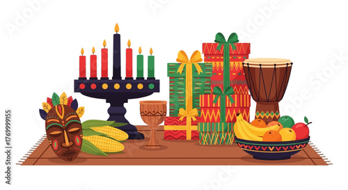 Festive Kwanzaa Celebration Kinara, Gifts, and Cultural Symbols