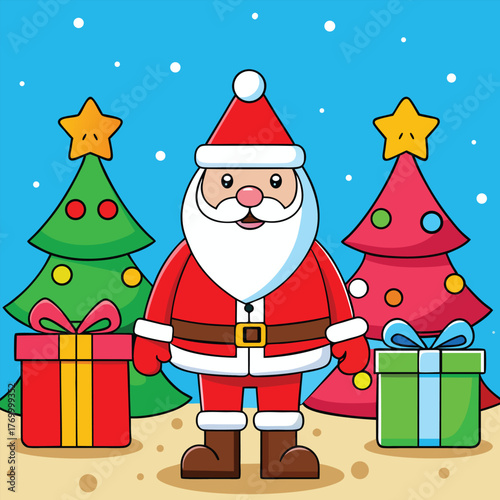 Cute Santa Claus with Christmas Trees and Gift Boxes