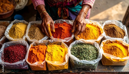 Hands Selecting Spices at a Vibrant Market