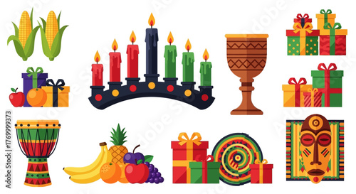 Vibrant Kwanzaa Celebration Icons Kinara, Gifts, and Traditional Symbols