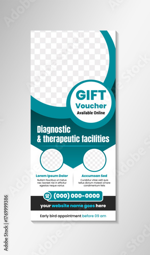 diagnostic therapeutic facilities healthcare and medical pull up banner stand. hospital vertical layout poster with space for photo. single template design use combination blue and black on element