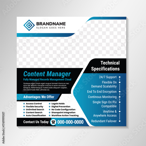 content manager and digital marketing social media posts banner or cover post template. combination blue gradient and black on element isolated on white background. space for photo. 