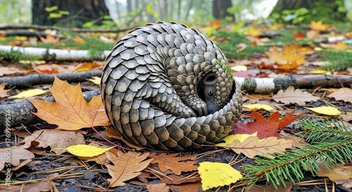 A pangolin rolling into a ball among forest leaf litter 3