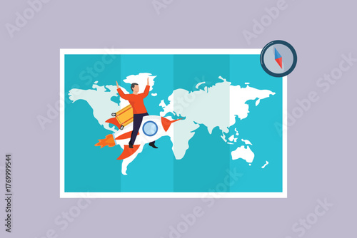 Travel experience people riding a rocket. Travel Experience Concept. Colored flat vector illustration isolated
