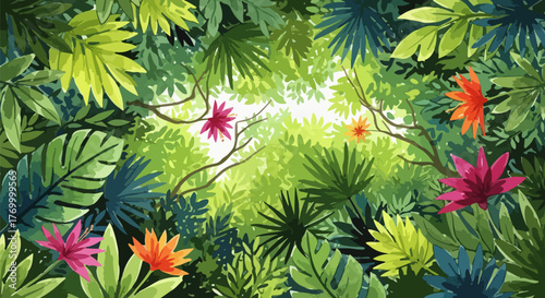 Vibrant watercolor modern jungle foliage with exotic flowers, a tropical paradise in bloom