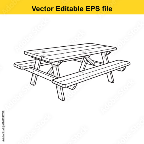 Line art illustration of a wooden picnic table with attached benches