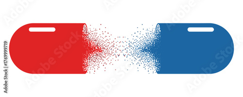 Red and Blue Disintegrating Capsule Vector Illustration Breaking Apart