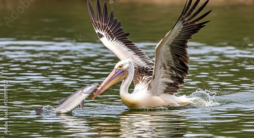 A pelican diving into water to catch fish 1