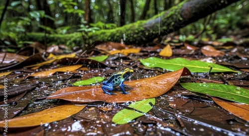  A poisonous dart frog among fallen leaves in rainforest floor in dripping rain 3