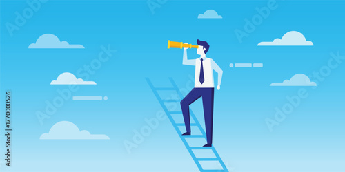 Man on ladder looking through telescope in sky