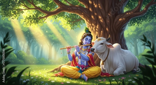 Krishna playing flute with cow in forest