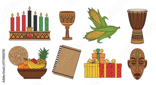 Vibrant Kwanzaa Celebration Icons Set - Festive African Heritage