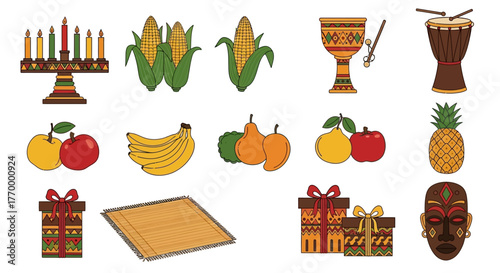 Colorful Kwanzaa Celebration Icons Fruits, Gifts, and Ritual Objects