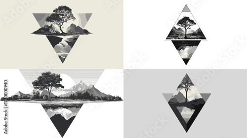 Minimal geometric landscape illustration featuring a lone tree, mountain, and reflection in monochrome tones. Perfect for tattoo art, nature design, and modern minimalist decor.