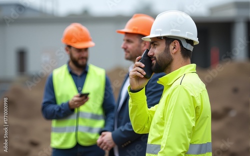 Civil engineer inspects work using radio communication with the management team in the construction area. High quality