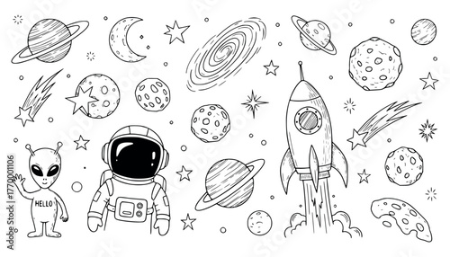 A whimsical handdrawn doodle collection featuring space elements like planets, stars, a rocket, an astronaut, and an alien