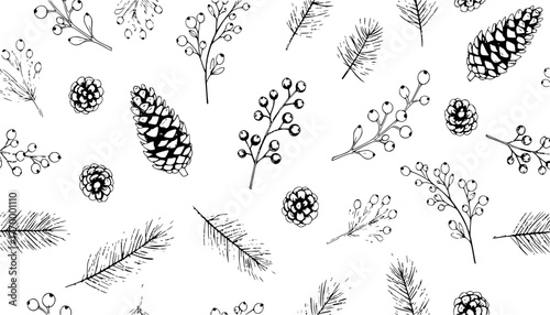 Handdrawn winter botanical pattern with pine cones, pine needles, and berries