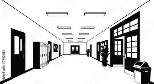 Empty school hallway with lockers and doors receding into perspective