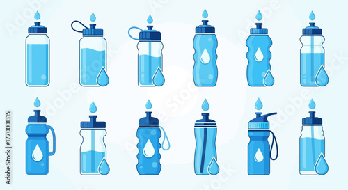 Collection of Reusable Water Bottles for Hydration and Fitness. Vector Illustrations. EPS Editable
