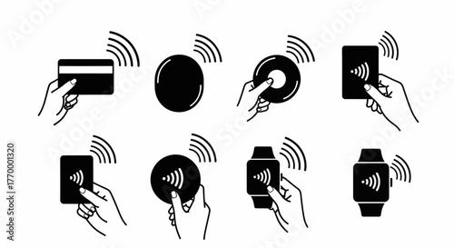 Contactless Payment Methods Credit Card Smartwatch and Mobile Phone. Vector Illustrations. EPS Editable