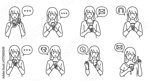 Diverse Women Using Smartphones with Speech Bubbles Illustration. Vector Illustrations. EPS Editable
