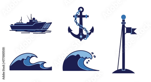 Nautical themed vector illustration with boat anchor flag and waves. Vector Illustrations. EPS Editable