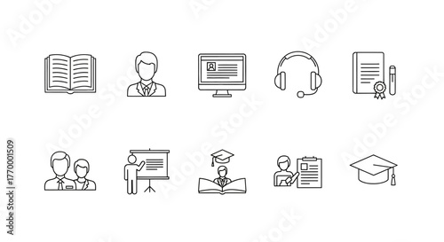 Online Education and Learning Icons Set in Line Style. Vector Illustrations. EPS Editable