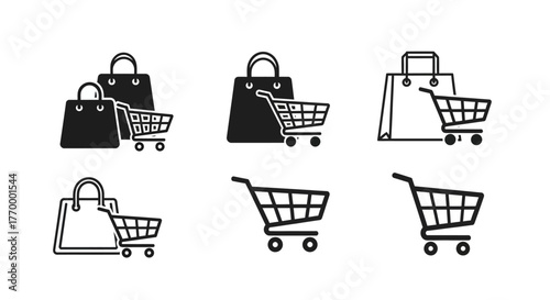 Shopping bags and carts icons for online store design. Vector Illustrations. EPS Editable