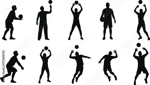 Silhouettes of athletes in various poses playing with a ball, showcasing dynamic movement and sport.