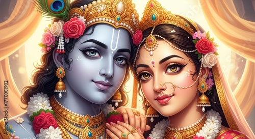 Radha krishna hindu deities embracing with love and devotion