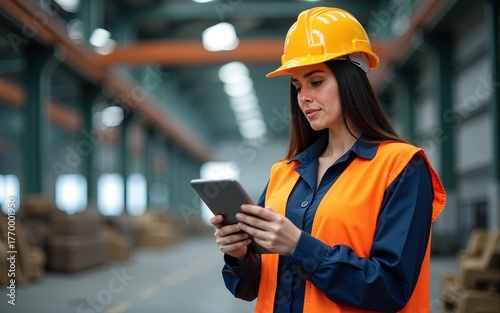 Professional Heavy Industry Engineer/Worker Wearing Safety Uniform and Hard Hat Uses Tablet Computer. Serious Successful Female Industrial Specialist Standing in a Metal Manufacture Warehouse.