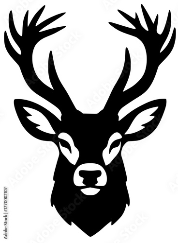 A bold, black silhouette of a stag or deer head with large antlers. This minimalist yet striking trophy design is perfect for hunting, nature, wildlife, and rustic outdoor-themed logos or graphics.