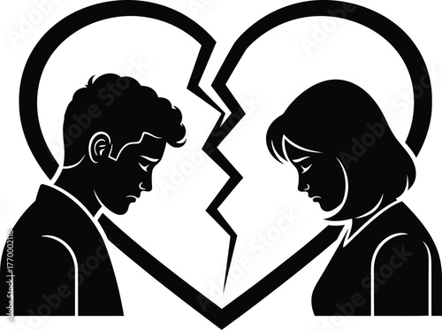Couple's broken heart symbolizes relationship sadness and separation.